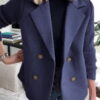 Double Breasted Lapel Jacket Fashion Knitted Sleeves Splicing Design Coat Outerwear Women's Clothing - Image 3
