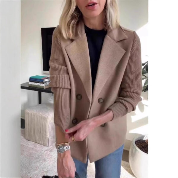 Double Breasted Lapel Jacket Fashion Knitted Sleeves Splicing Design Coat Outerwear Women's Clothing - Image 8