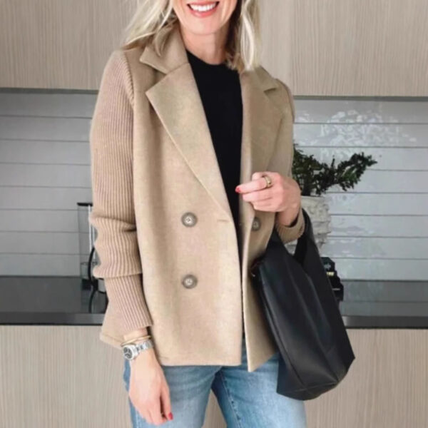 Double Breasted Lapel Jacket Fashion Knitted Sleeves Splicing Design Coat Outerwear Women's Clothing - Image 6